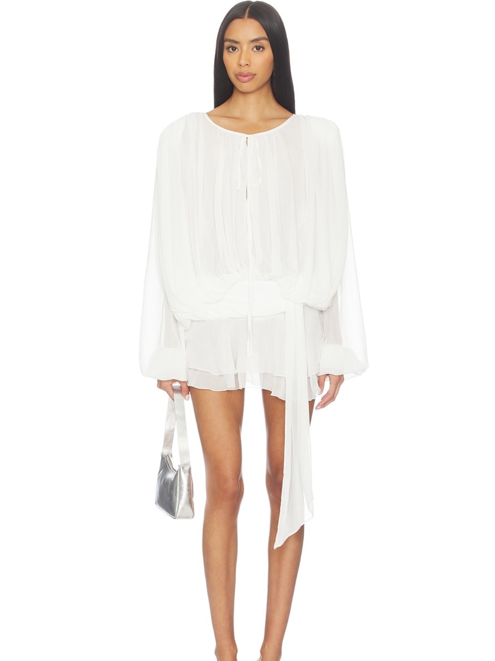 Lioness White Sheer Mini Dress with Long Tie